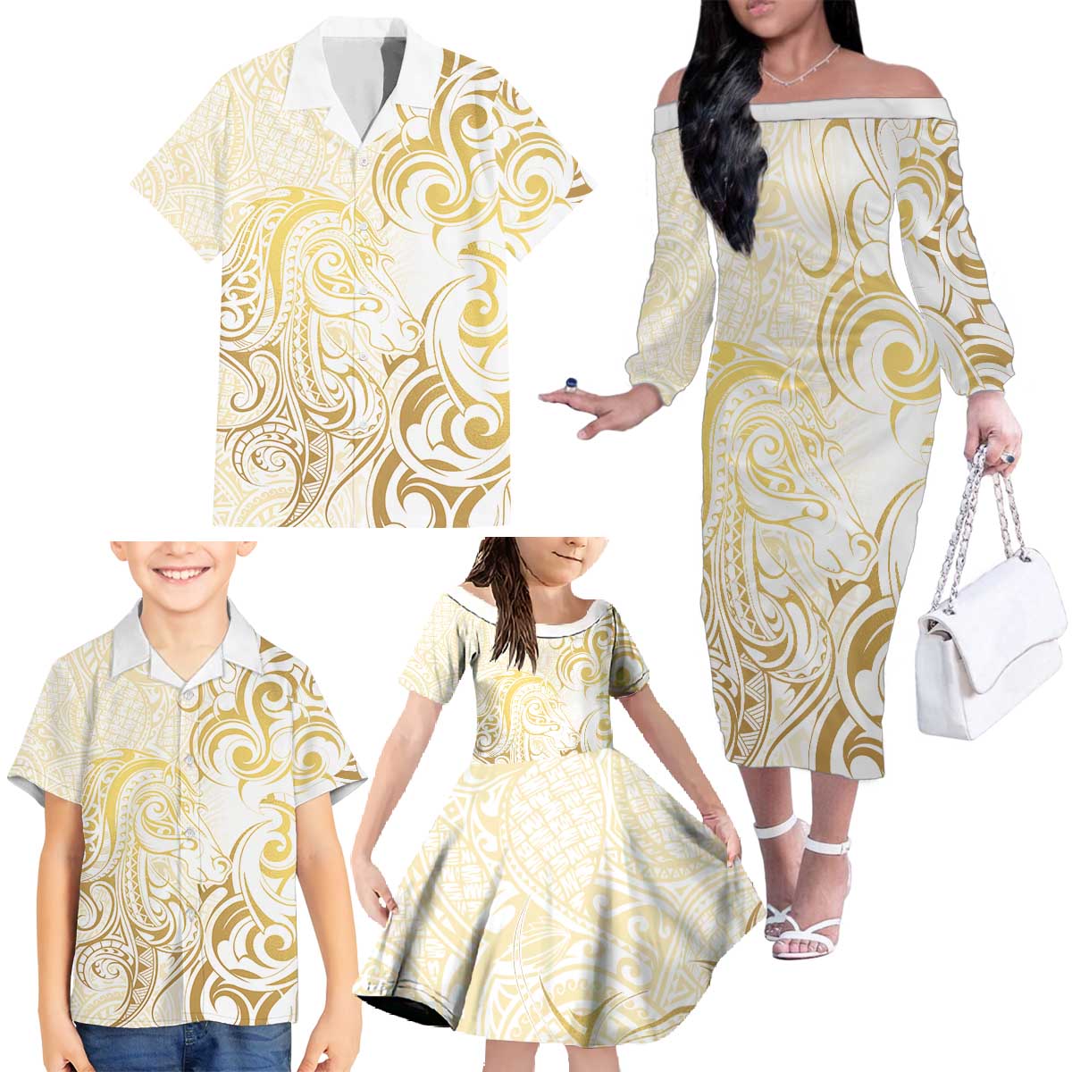 Gold And White Aoteara Horse Racing Family Matching Off The Shoulder Long Sleeve Dress and Hawaiian Shirt NZ Maori Pattern