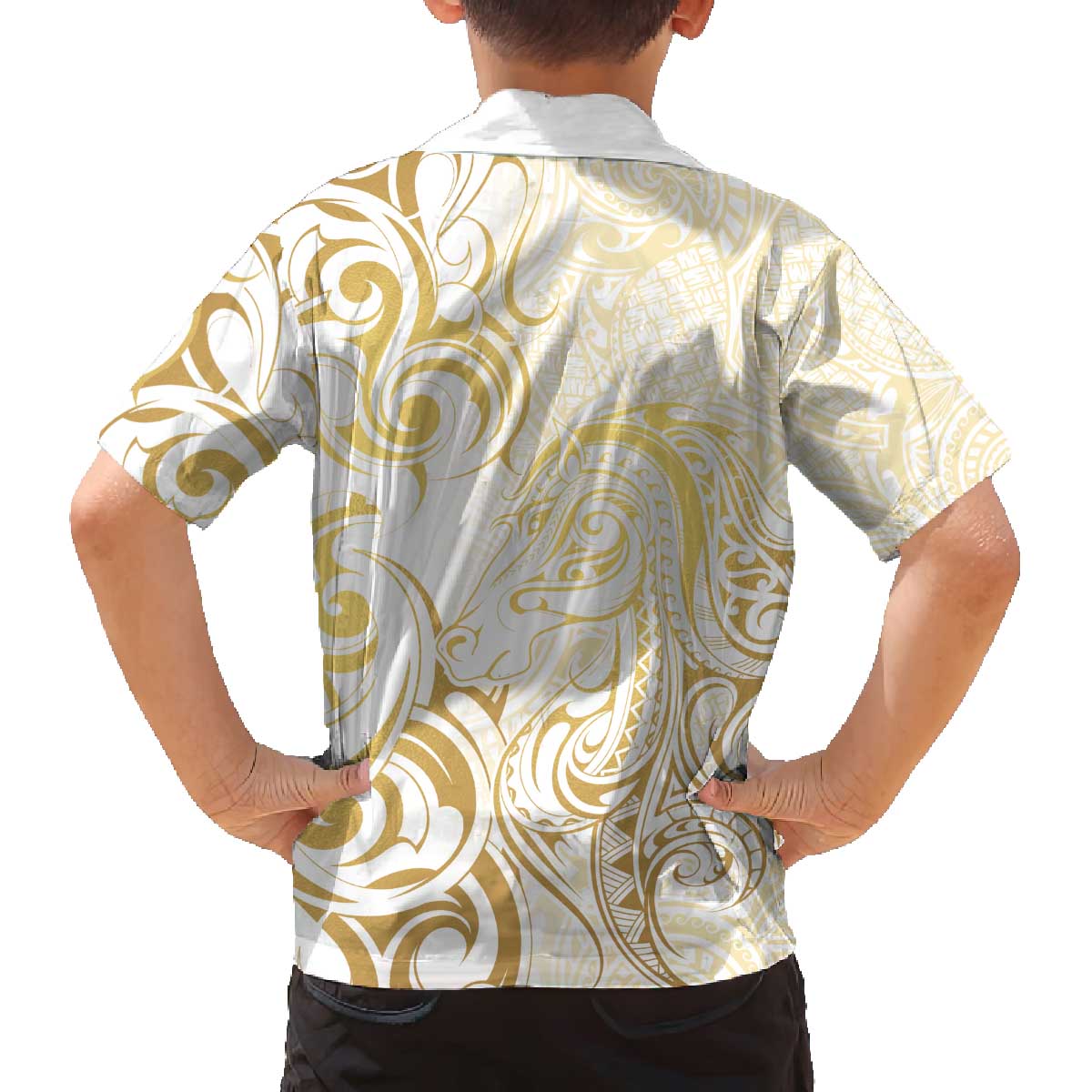 Gold And White Aoteara Horse Racing Family Matching Off The Shoulder Long Sleeve Dress and Hawaiian Shirt NZ Maori Pattern