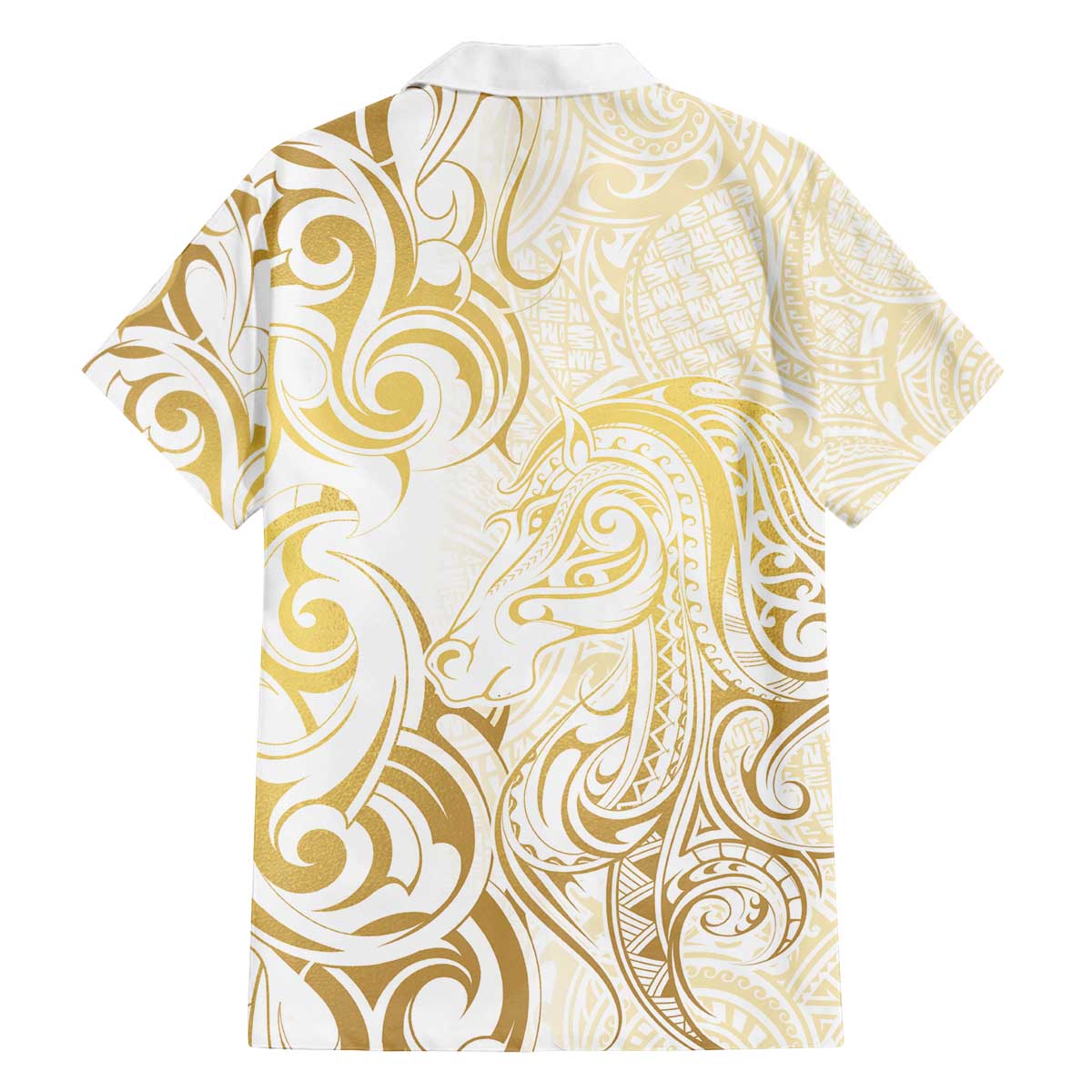 Gold And White Aoteara Horse Racing Family Matching Off The Shoulder Long Sleeve Dress and Hawaiian Shirt NZ Maori Pattern