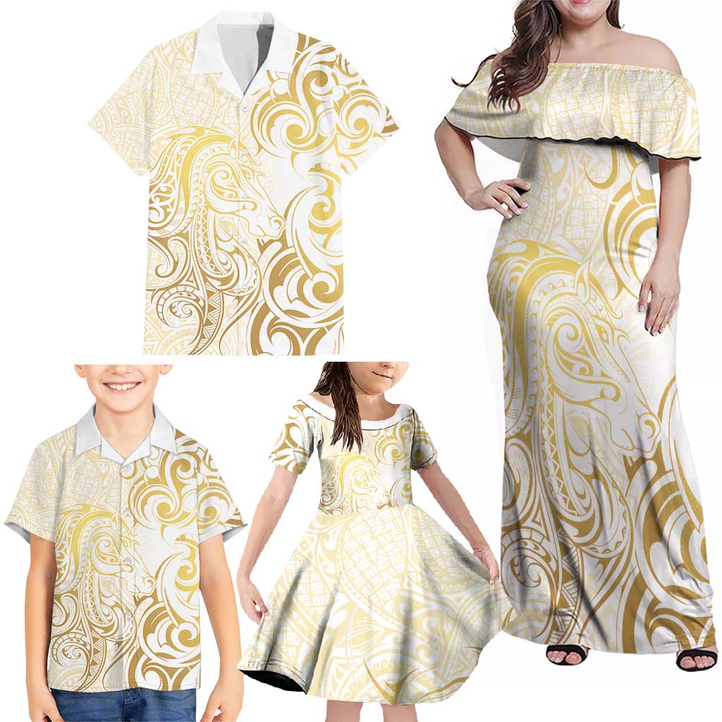 Gold And White Aoteara Horse Racing Family Matching Off Shoulder Maxi Dress and Hawaiian Shirt NZ Maori Pattern