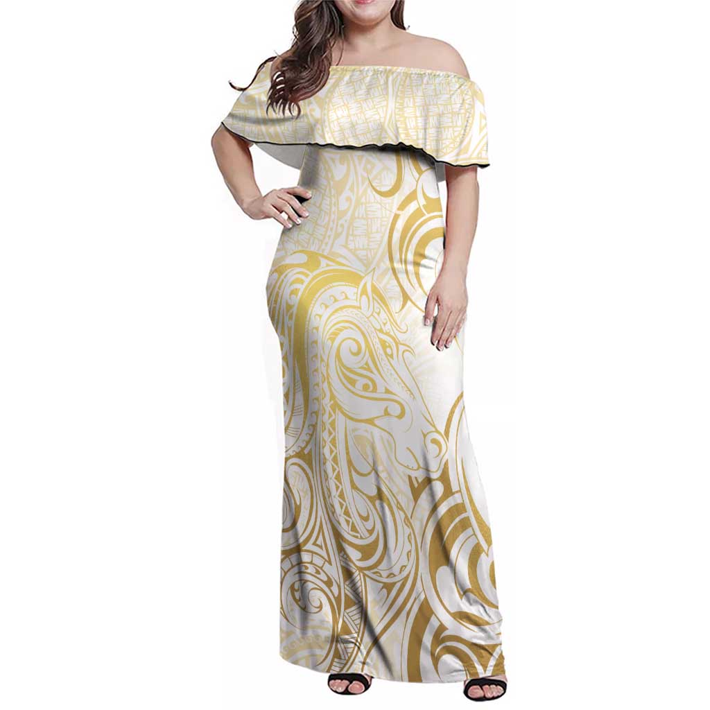 Gold And White Aoteara Horse Racing Family Matching Off Shoulder Maxi Dress and Hawaiian Shirt NZ Maori Pattern