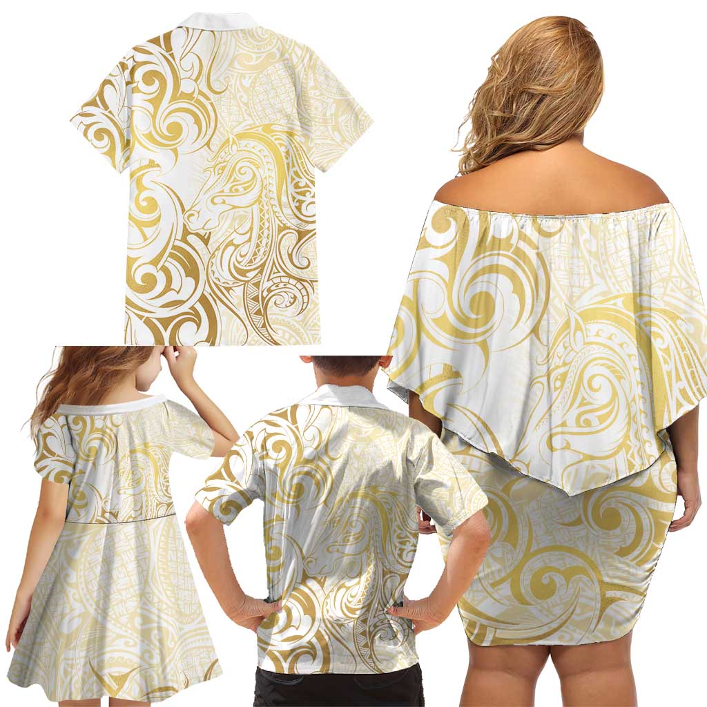 Gold And White Aoteara Horse Racing Family Matching Off Shoulder Short Dress and Hawaiian Shirt NZ Maori Pattern