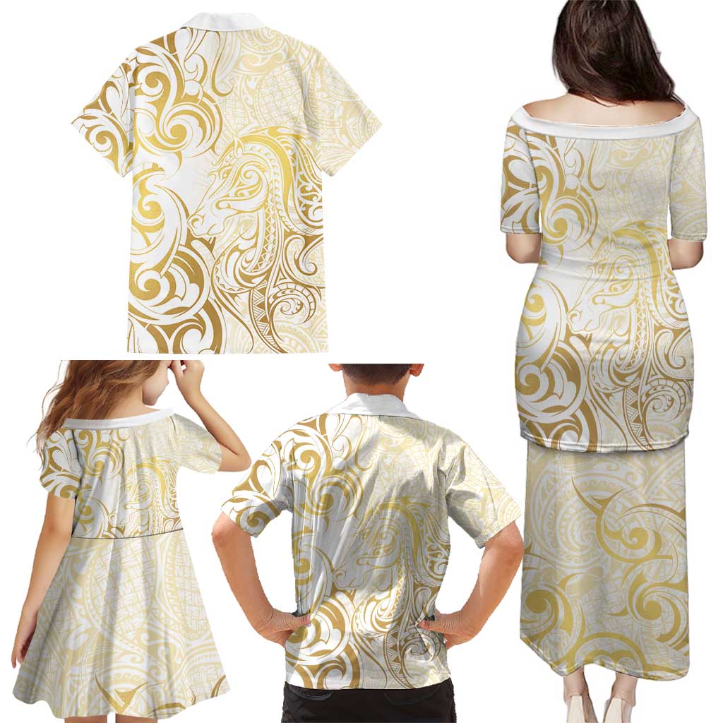 Gold And White Aoteara Horse Racing Family Matching Puletasi and Hawaiian Shirt NZ Maori Pattern