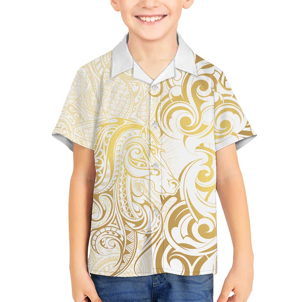 Gold And White Aoteara Horse Racing Family Matching Puletasi and Hawaiian Shirt NZ Maori Pattern