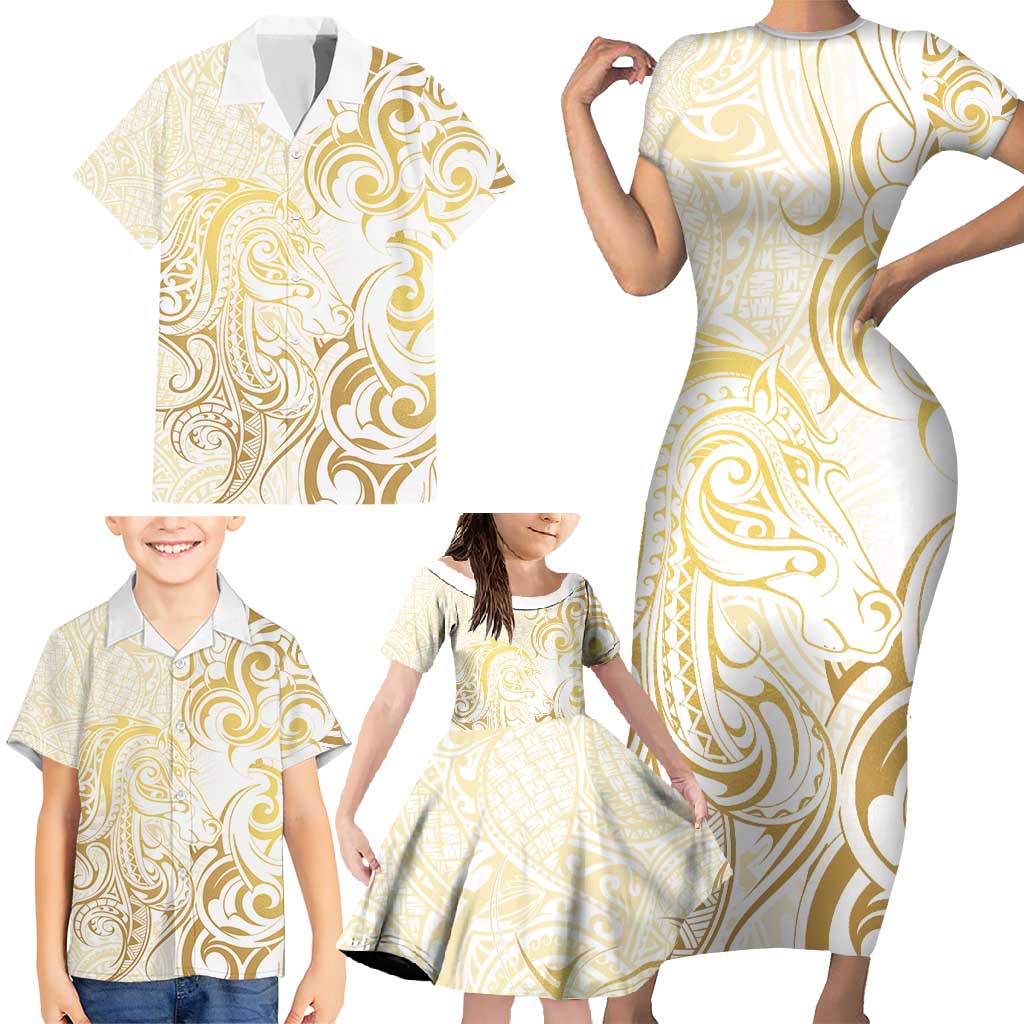 Gold And White Aoteara Horse Racing Family Matching Short Sleeve Bodycon Dress and Hawaiian Shirt NZ Maori Pattern