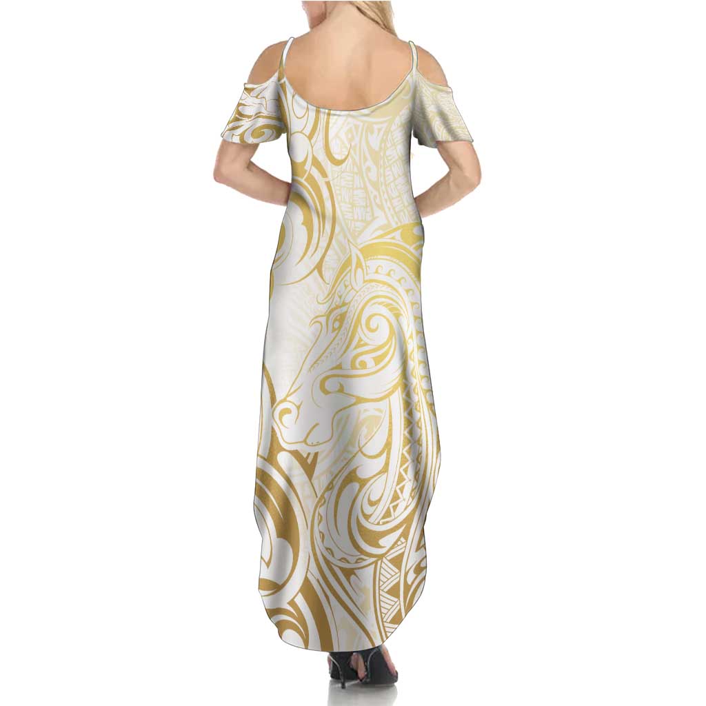 Gold And White Aoteara Horse Racing Family Matching Summer Maxi Dress and Hawaiian Shirt NZ Maori Pattern