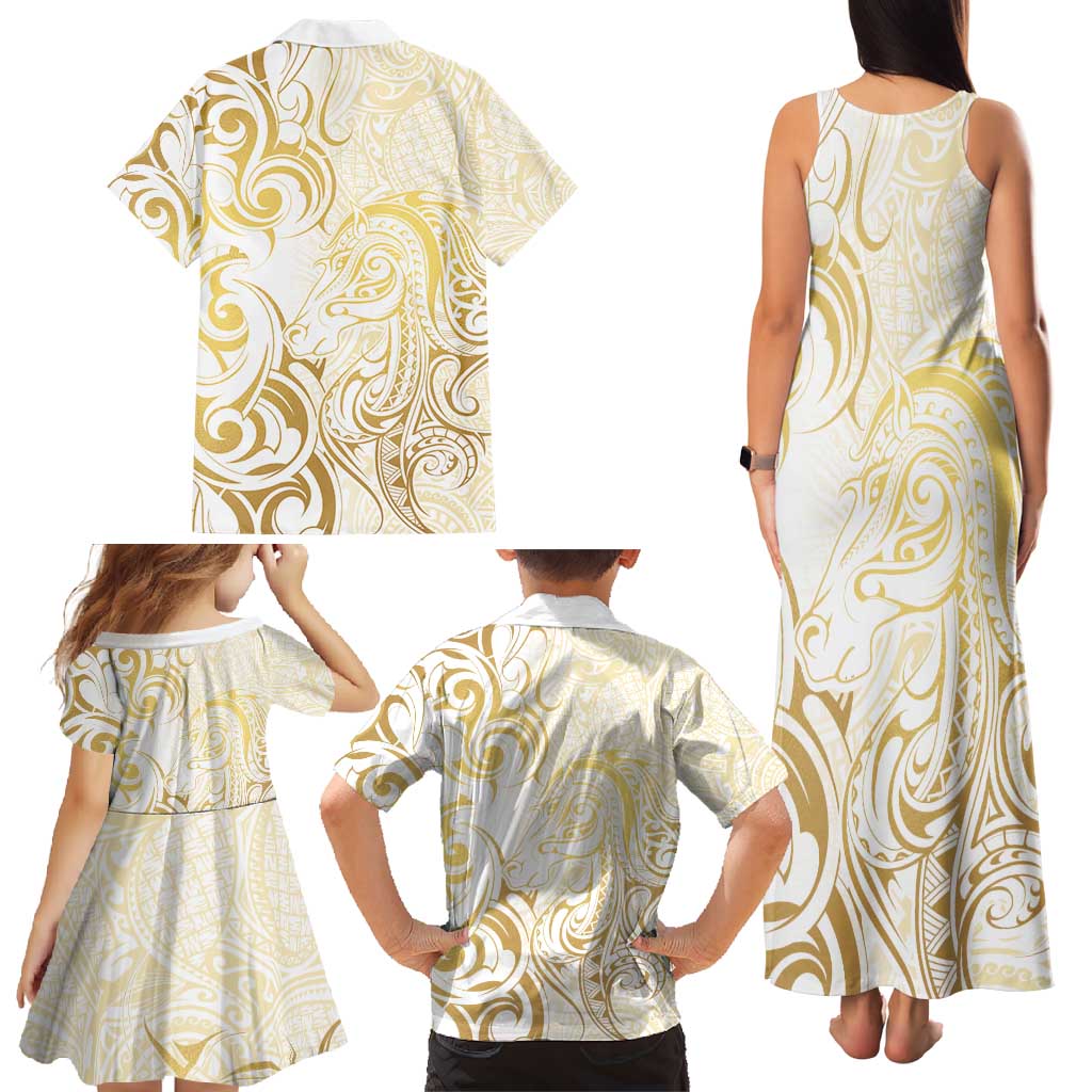 Gold And White Aoteara Horse Racing Family Matching Tank Maxi Dress and Hawaiian Shirt NZ Maori Pattern