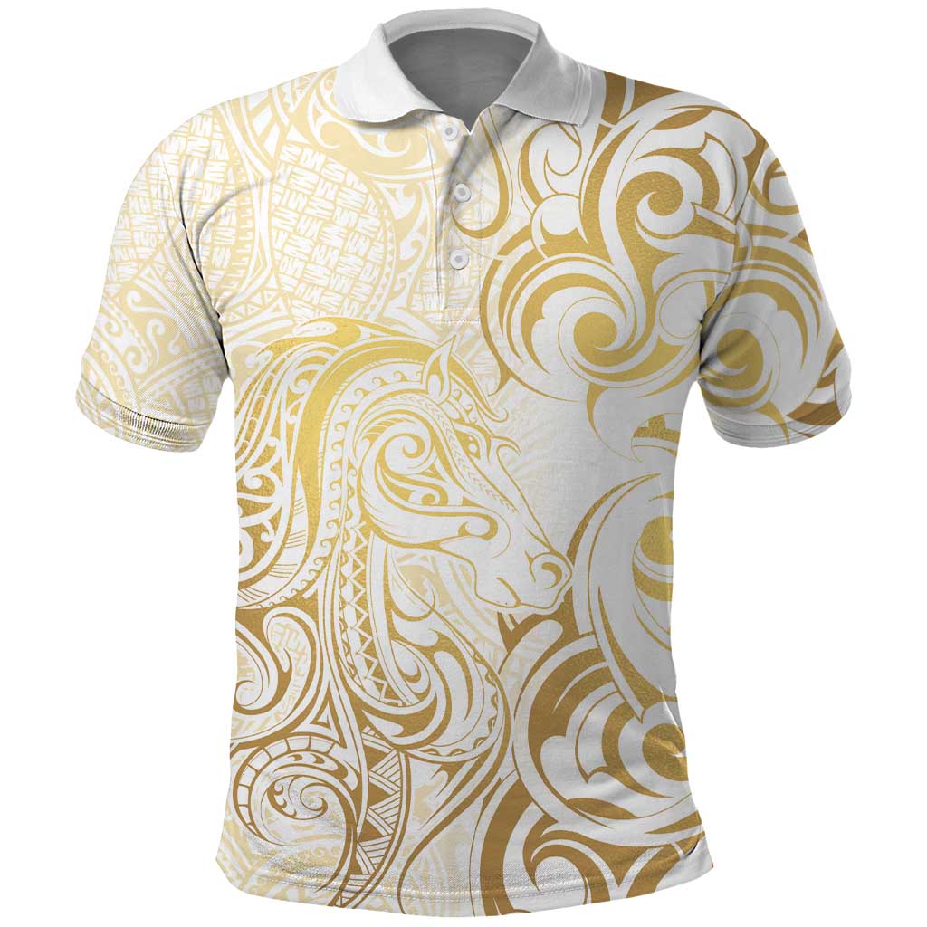 Gold And White Aoteara Horse Racing Polo Shirt NZ Maori Pattern