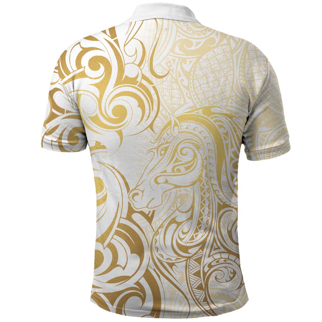 Gold And White Aoteara Horse Racing Polo Shirt NZ Maori Pattern