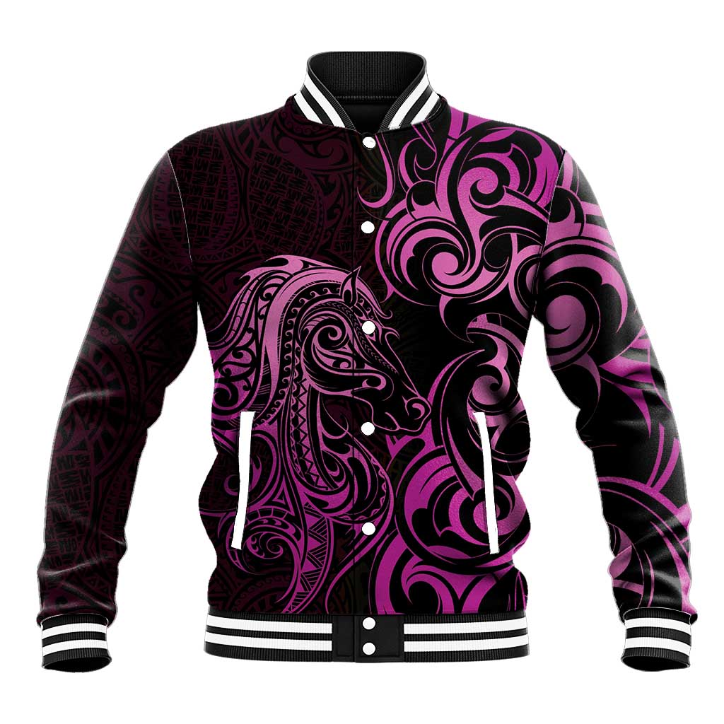 Pink Aoteara Horse Racing Baseball Jacket NZ Maori Pattern