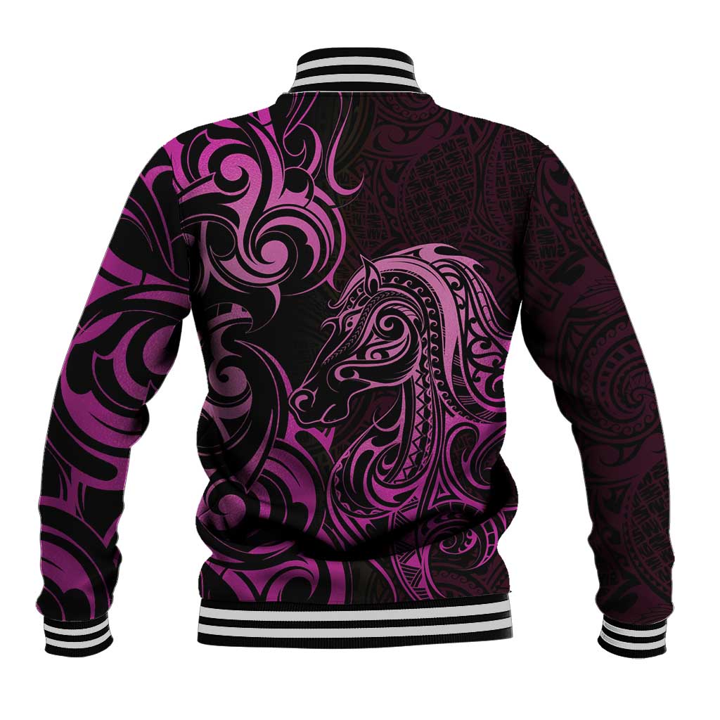 Pink Aoteara Horse Racing Baseball Jacket NZ Maori Pattern