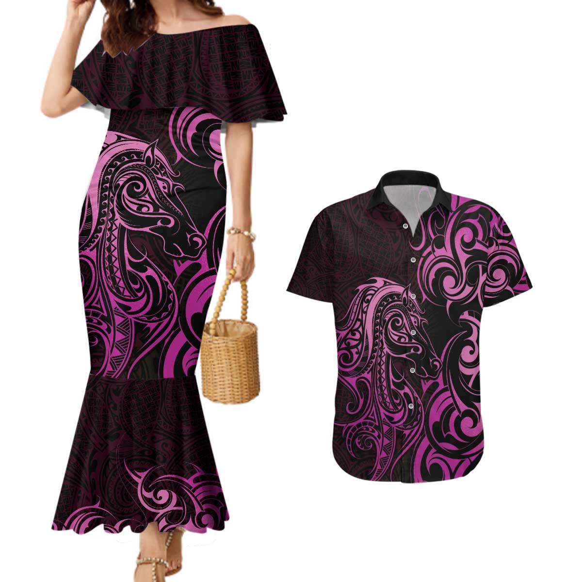 Pink Aoteara Horse Racing Couples Matching Mermaid Dress and Hawaiian Shirt NZ Maori Pattern