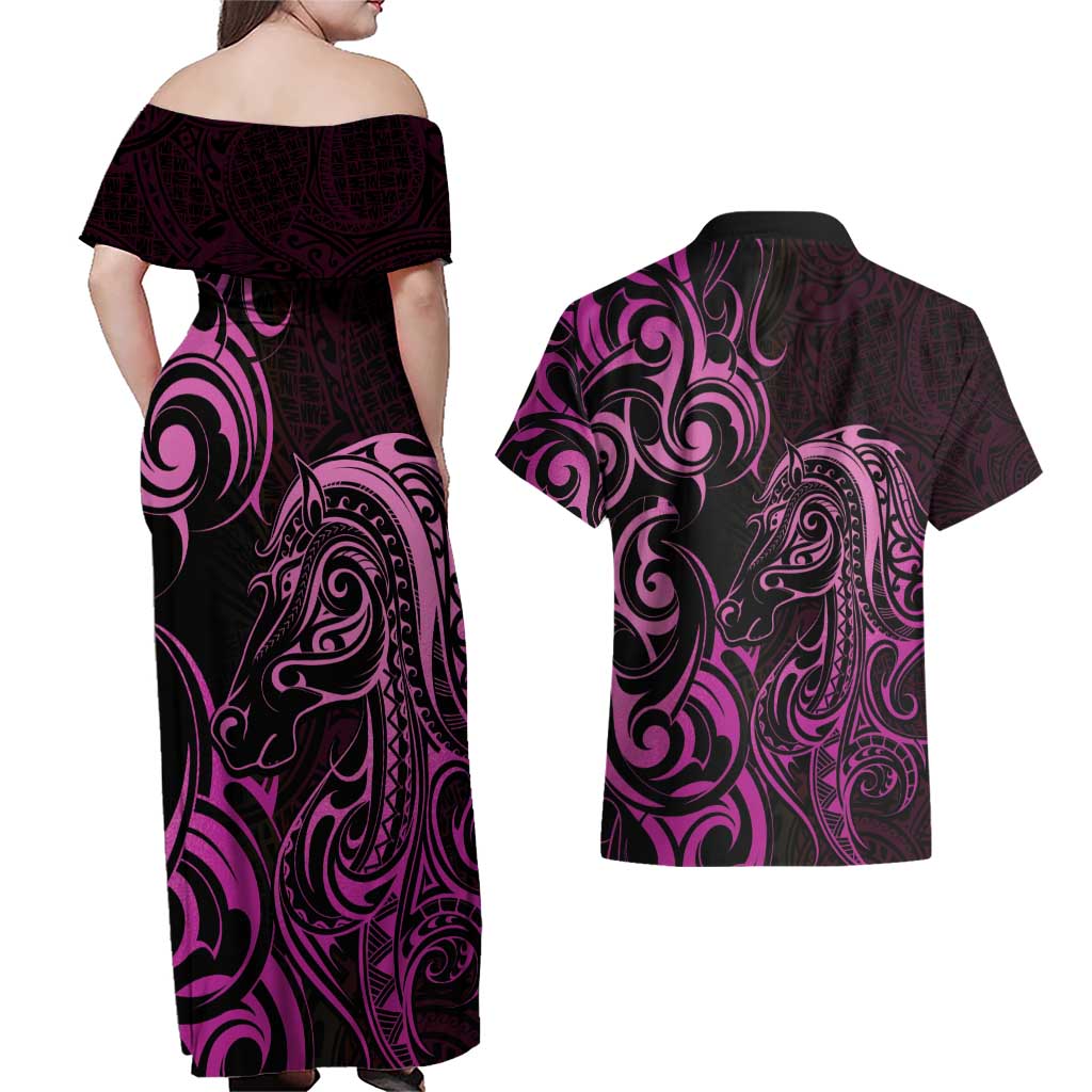 Pink Aoteara Horse Racing Couples Matching Off Shoulder Maxi Dress and Hawaiian Shirt NZ Maori Pattern