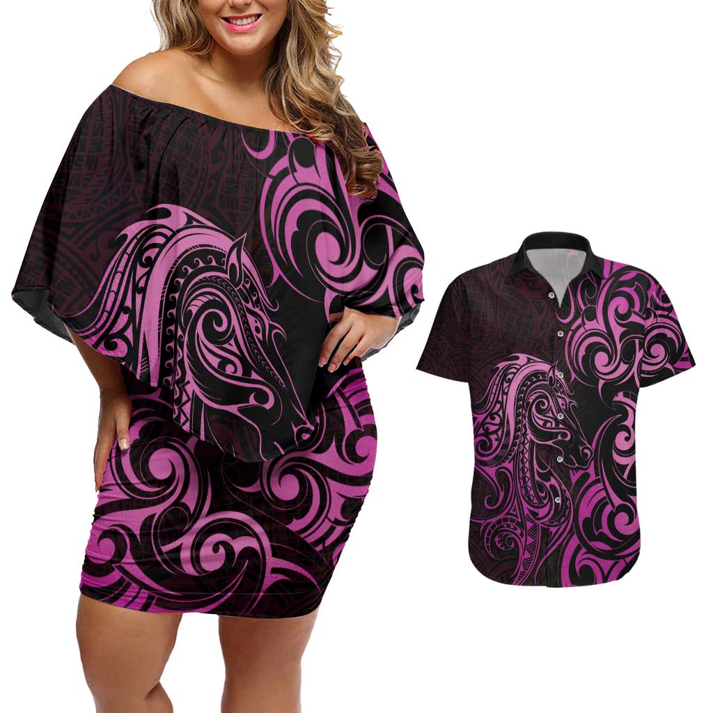 Pink Aoteara Horse Racing Couples Matching Off Shoulder Short Dress and Hawaiian Shirt NZ Maori Pattern