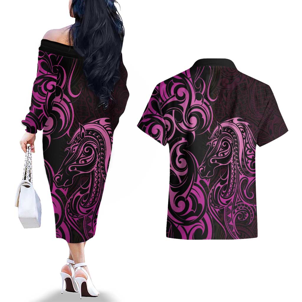 Pink Aoteara Horse Racing Couples Matching Off The Shoulder Long Sleeve Dress and Hawaiian Shirt NZ Maori Pattern