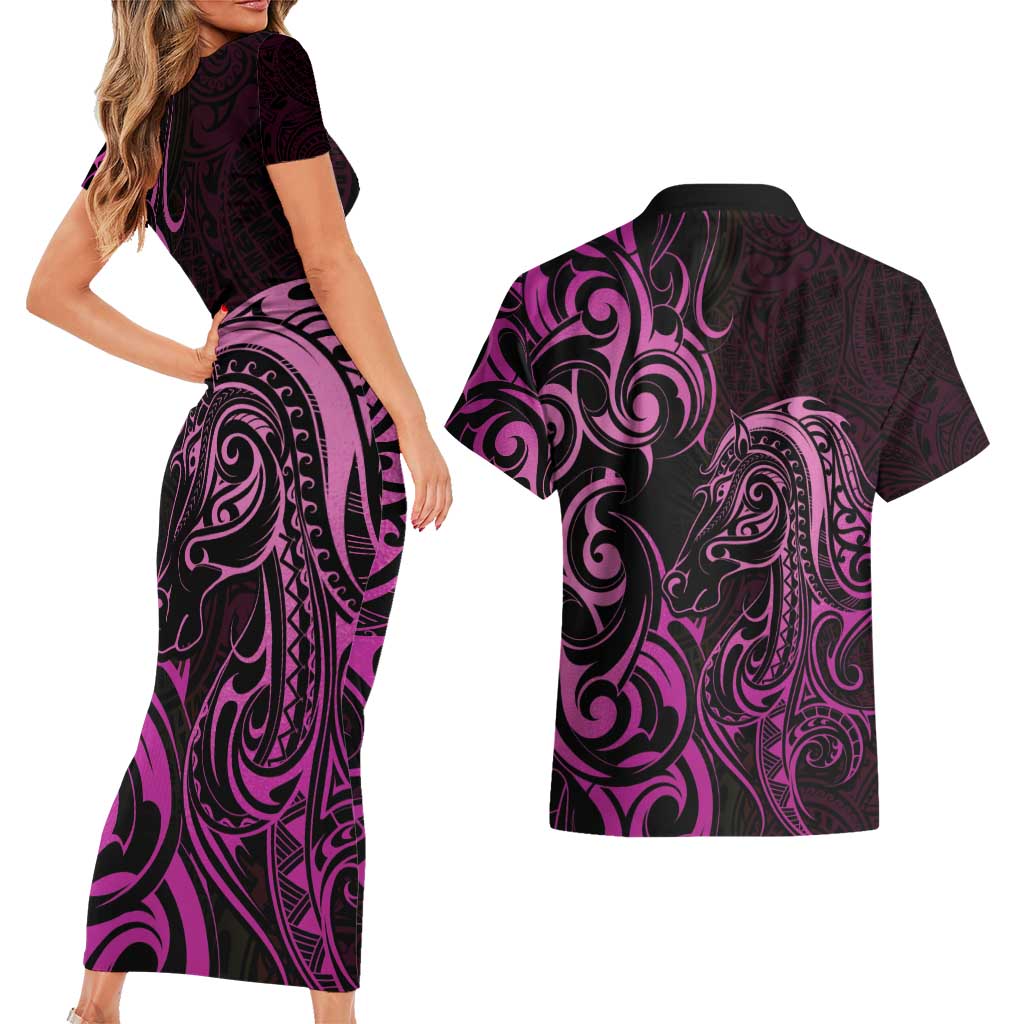 Pink Aoteara Horse Racing Couples Matching Short Sleeve Bodycon Dress and Hawaiian Shirt NZ Maori Pattern