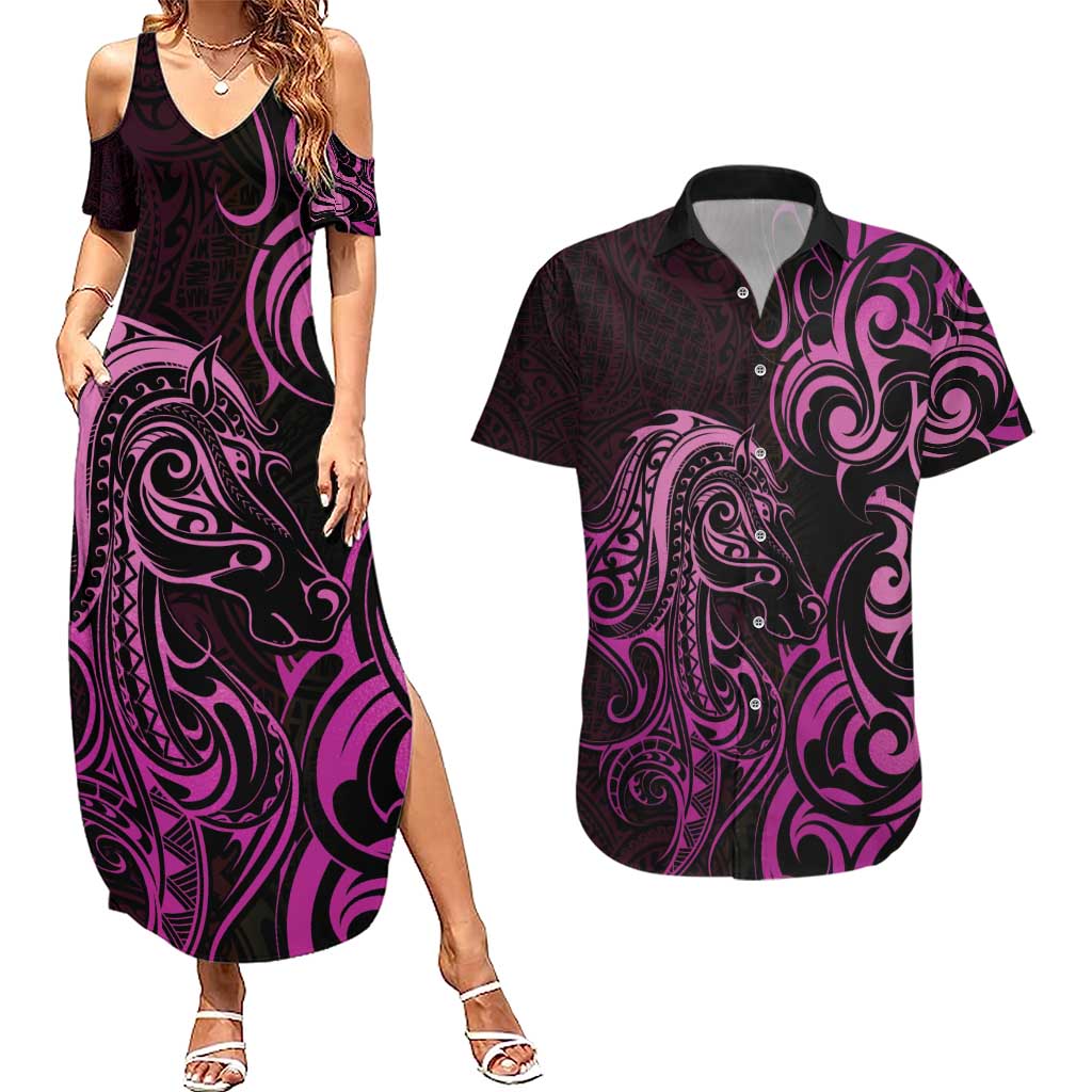 Pink Aoteara Horse Racing Couples Matching Summer Maxi Dress and Hawaiian Shirt NZ Maori Pattern