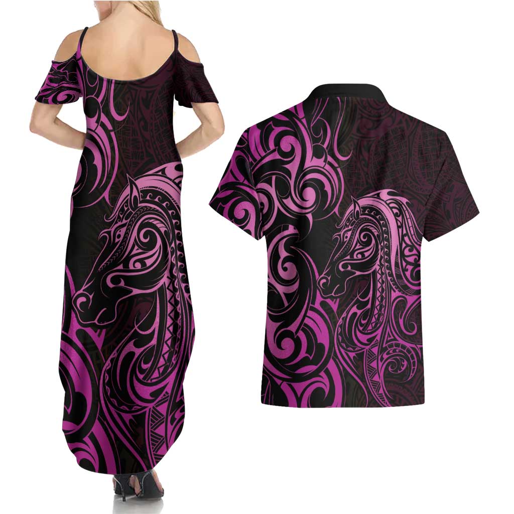 Pink Aoteara Horse Racing Couples Matching Summer Maxi Dress and Hawaiian Shirt NZ Maori Pattern