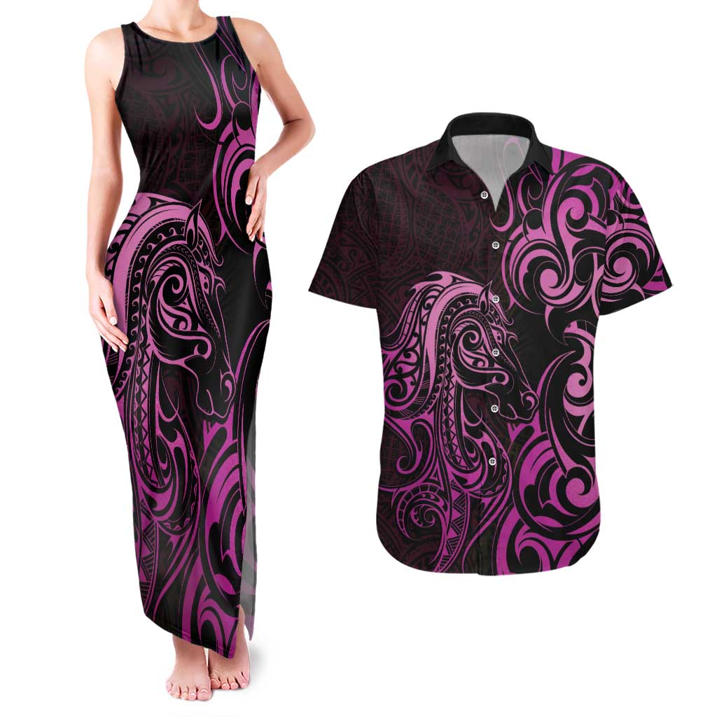 Pink Aoteara Horse Racing Couples Matching Tank Maxi Dress and Hawaiian Shirt NZ Maori Pattern