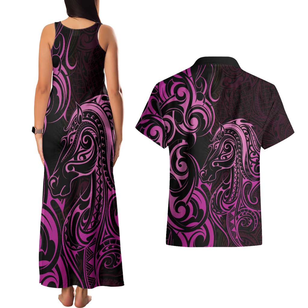 Pink Aoteara Horse Racing Couples Matching Tank Maxi Dress and Hawaiian Shirt NZ Maori Pattern