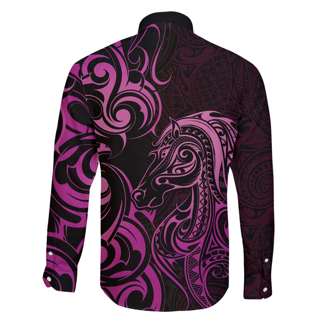 Pink Aoteara Horse Racing Family Matching Long Sleeve Bodycon Dress and Hawaiian Shirt NZ Maori Pattern