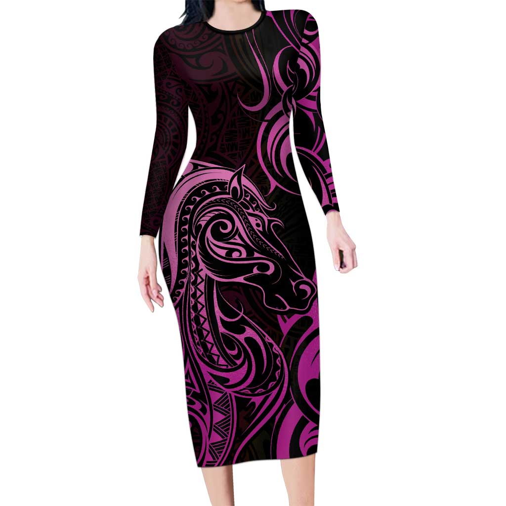 Pink Aoteara Horse Racing Family Matching Long Sleeve Bodycon Dress and Hawaiian Shirt NZ Maori Pattern