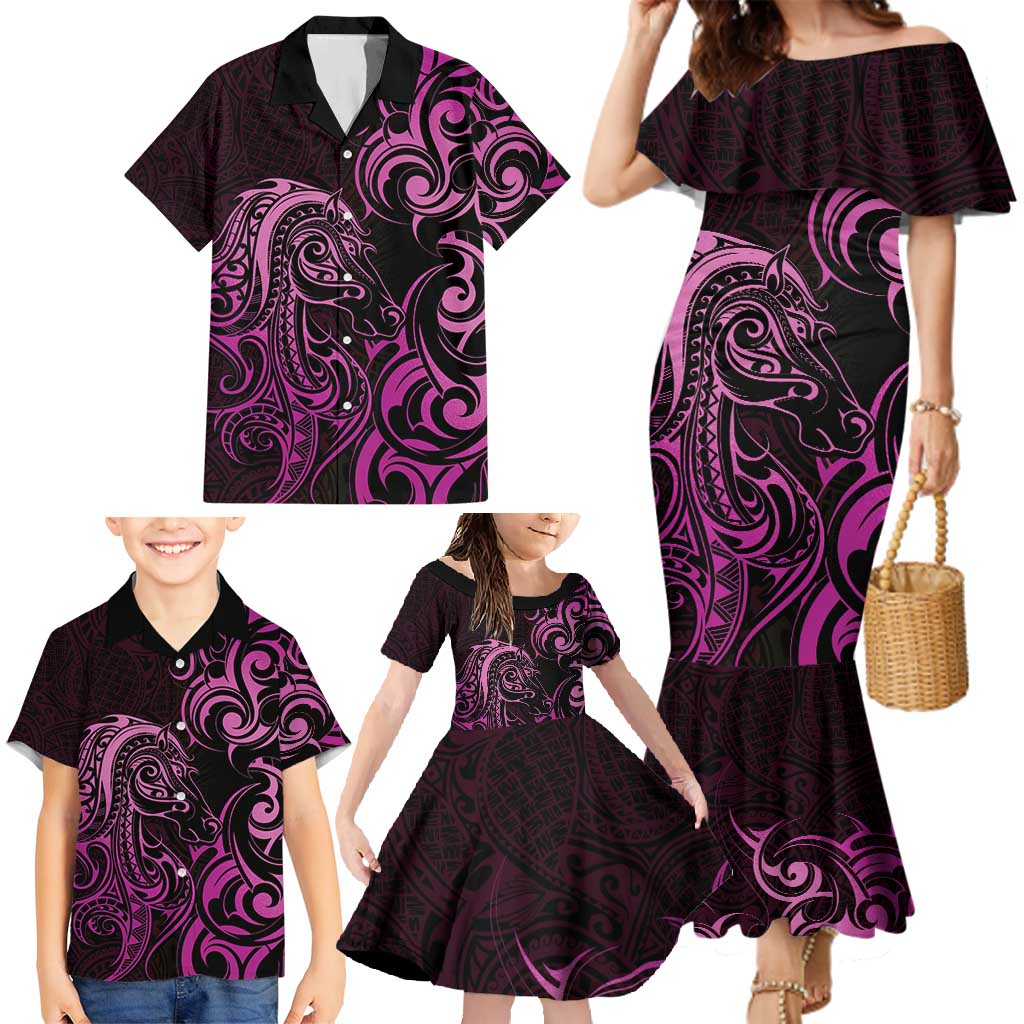 Pink Aoteara Horse Racing Family Matching Mermaid Dress and Hawaiian Shirt NZ Maori Pattern