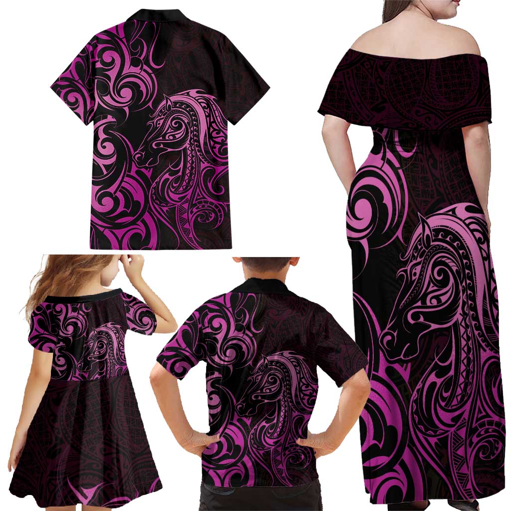 Pink Aoteara Horse Racing Family Matching Off Shoulder Maxi Dress and Hawaiian Shirt NZ Maori Pattern