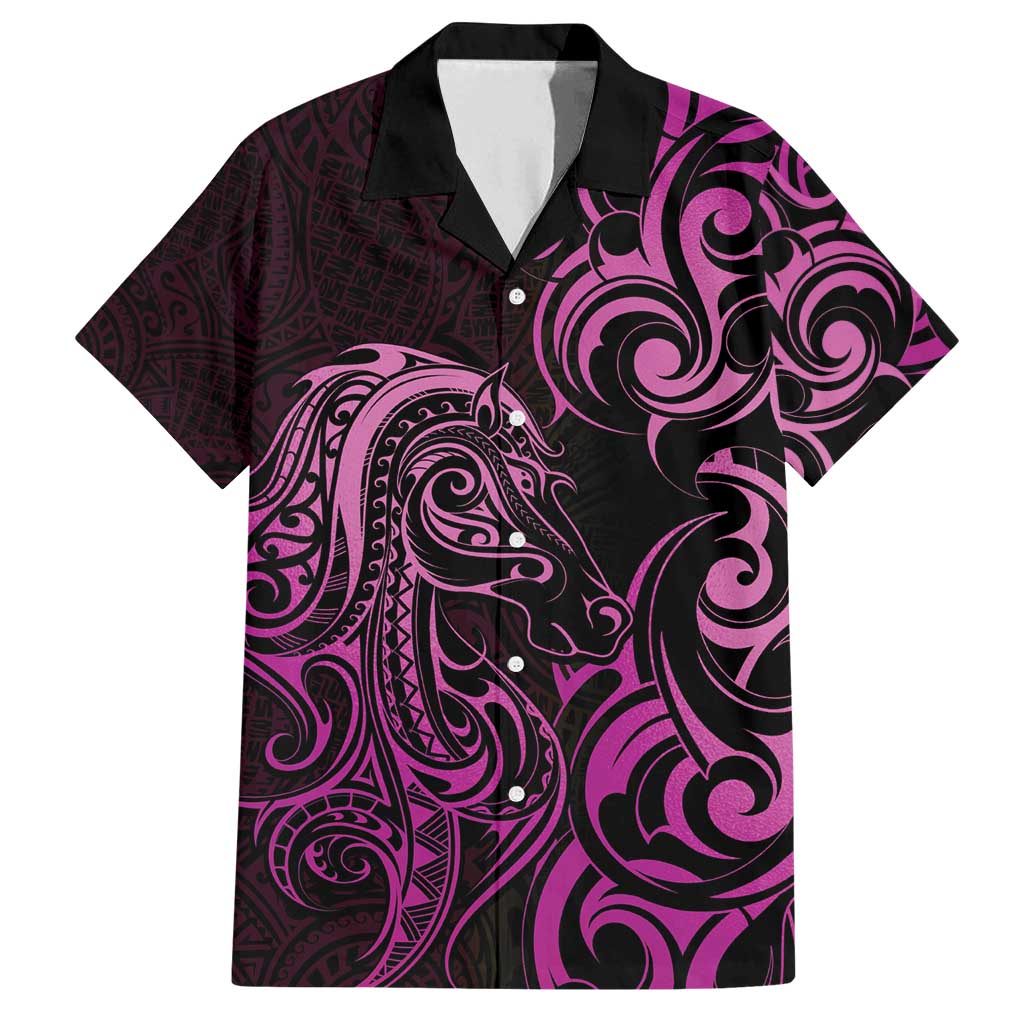 Pink Aoteara Horse Racing Family Matching Off Shoulder Short Dress and Hawaiian Shirt NZ Maori Pattern