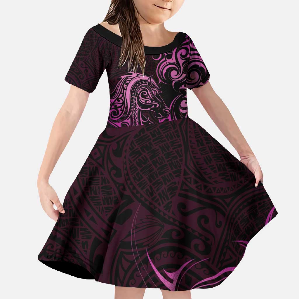 Pink Aoteara Horse Racing Family Matching Short Sleeve Bodycon Dress and Hawaiian Shirt NZ Maori Pattern