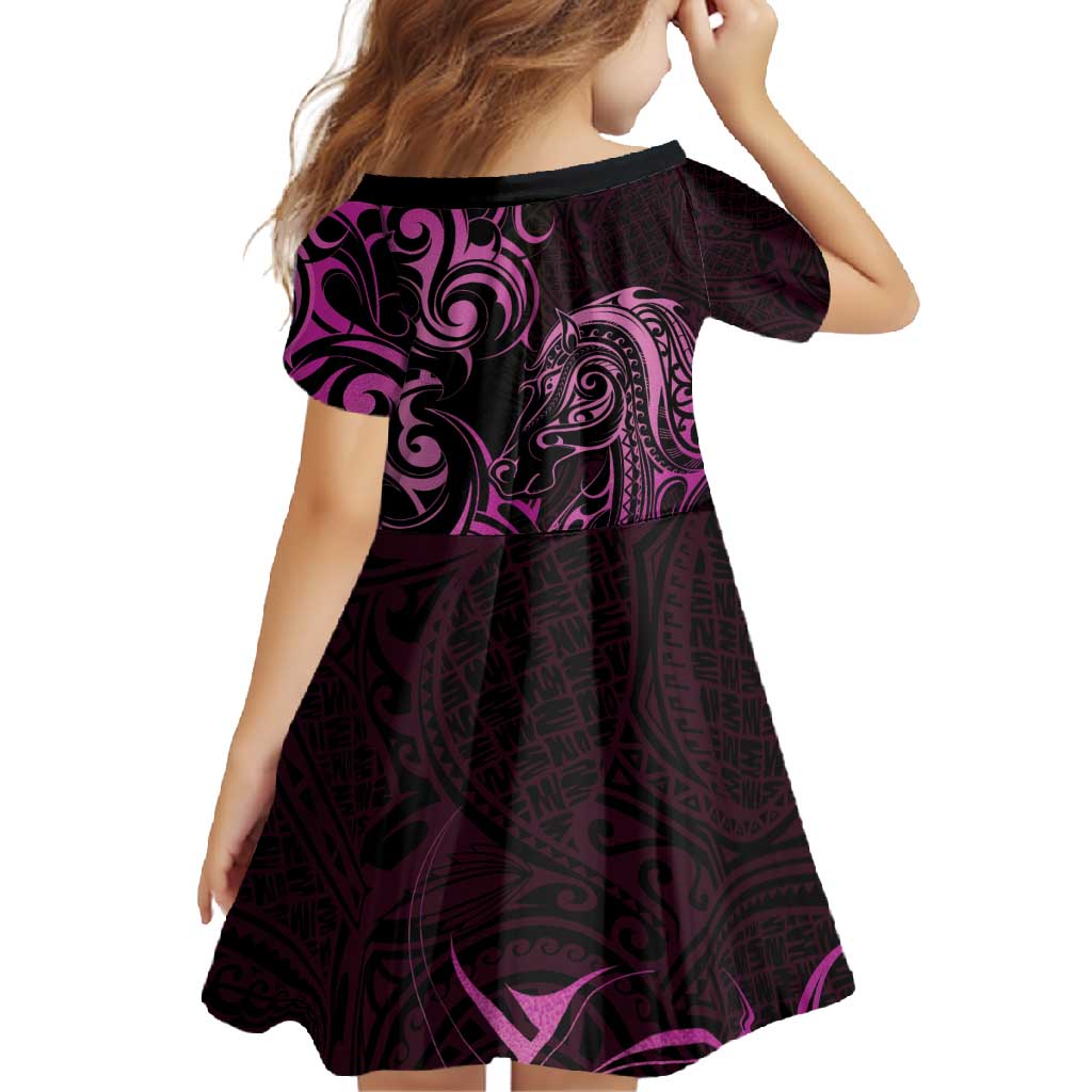 Pink Aoteara Horse Racing Family Matching Short Sleeve Bodycon Dress and Hawaiian Shirt NZ Maori Pattern