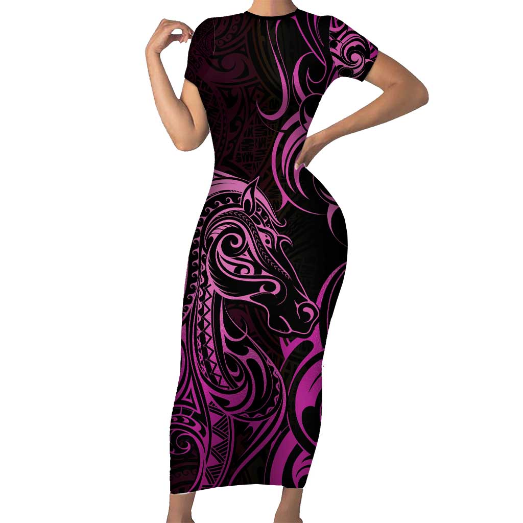 Pink Aoteara Horse Racing Family Matching Short Sleeve Bodycon Dress and Hawaiian Shirt NZ Maori Pattern