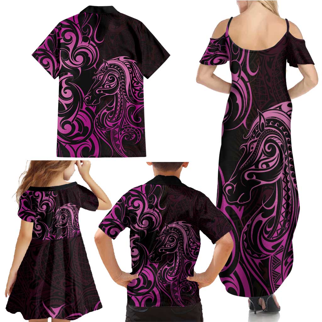 Pink Aoteara Horse Racing Family Matching Summer Maxi Dress and Hawaiian Shirt NZ Maori Pattern