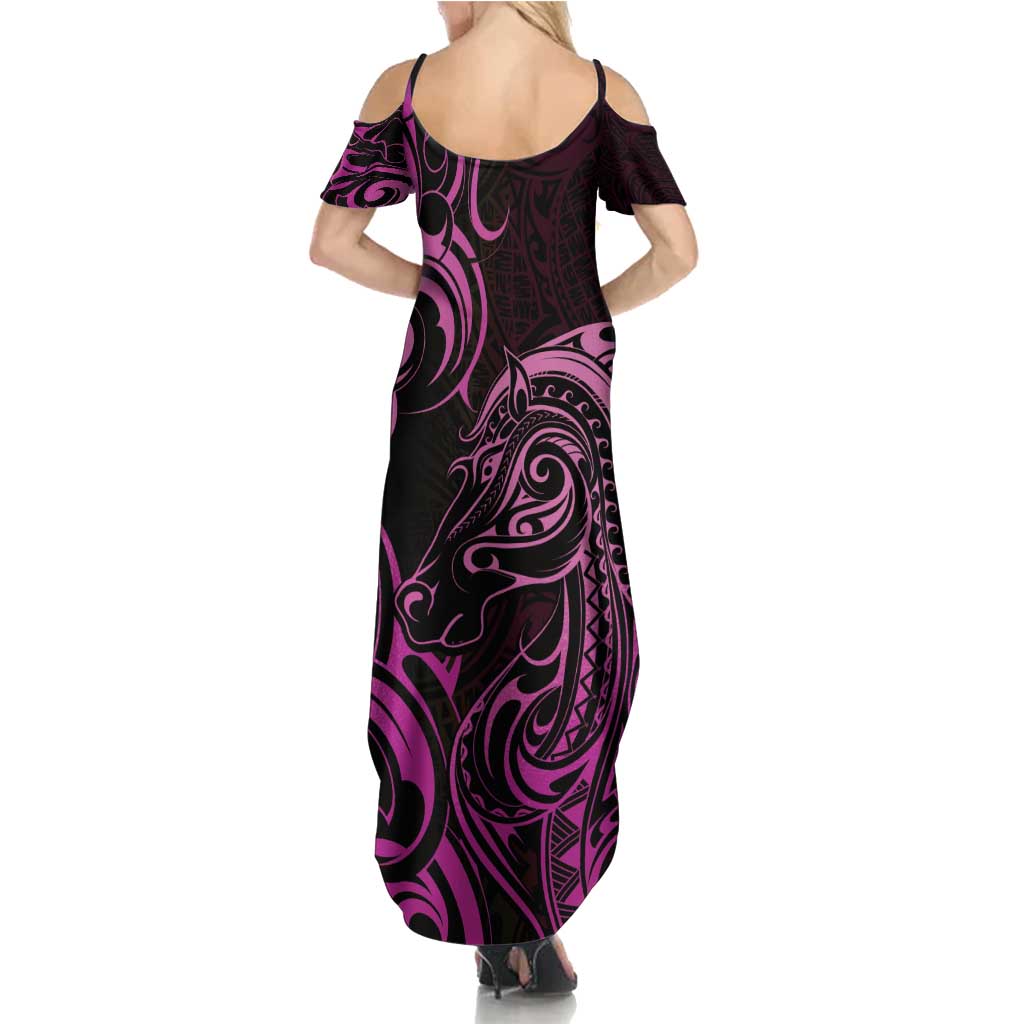 Pink Aoteara Horse Racing Family Matching Summer Maxi Dress and Hawaiian Shirt NZ Maori Pattern