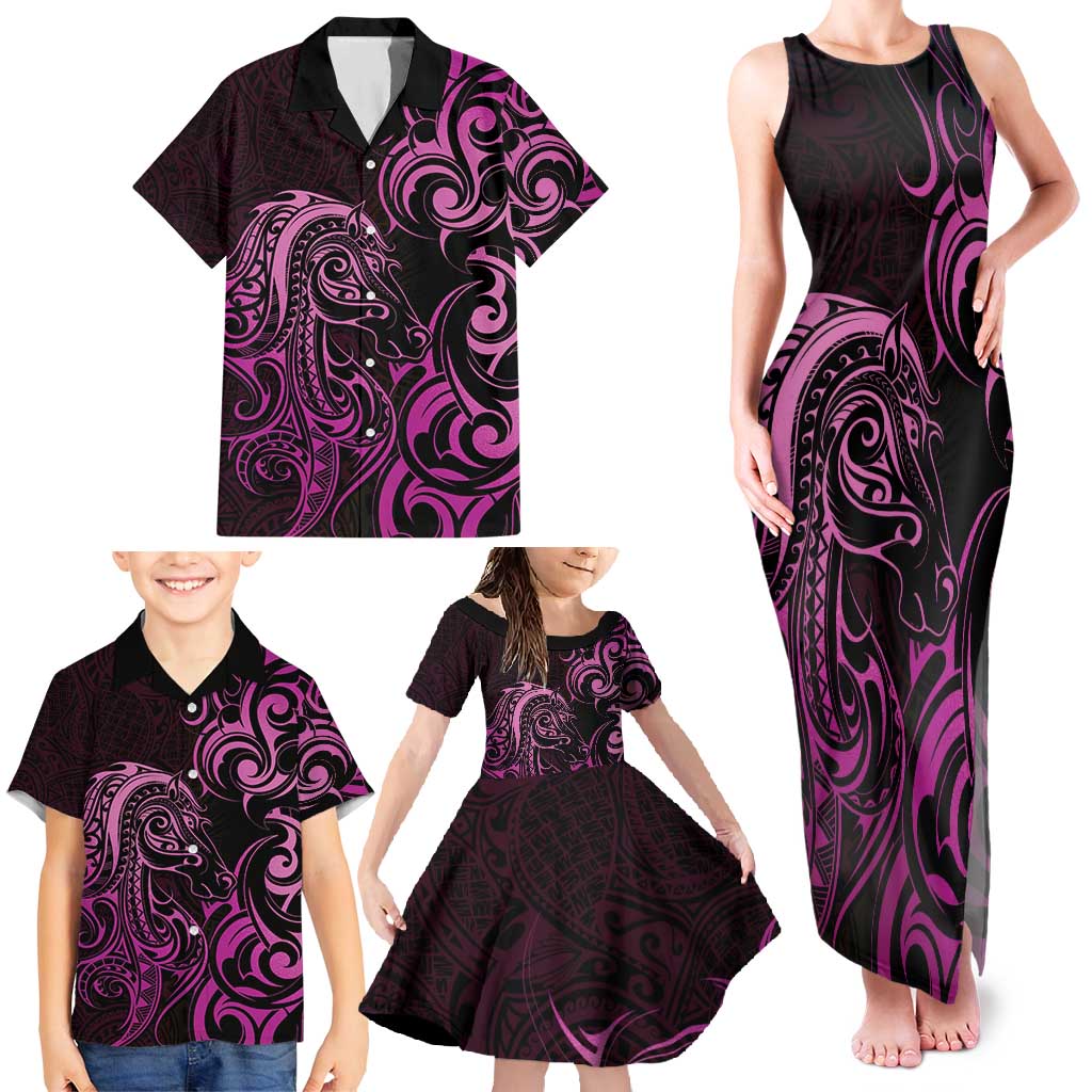 Pink Aoteara Horse Racing Family Matching Tank Maxi Dress and Hawaiian Shirt NZ Maori Pattern