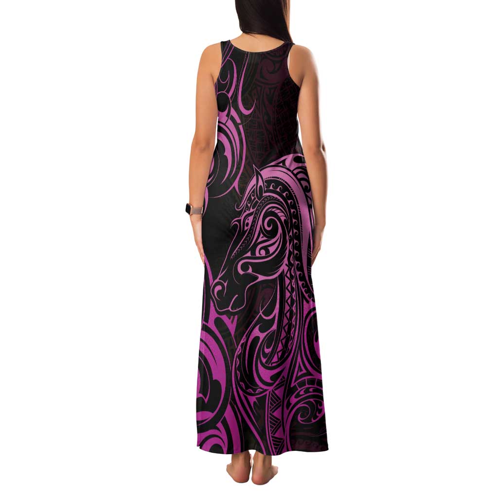 Pink Aoteara Horse Racing Family Matching Tank Maxi Dress and Hawaiian Shirt NZ Maori Pattern