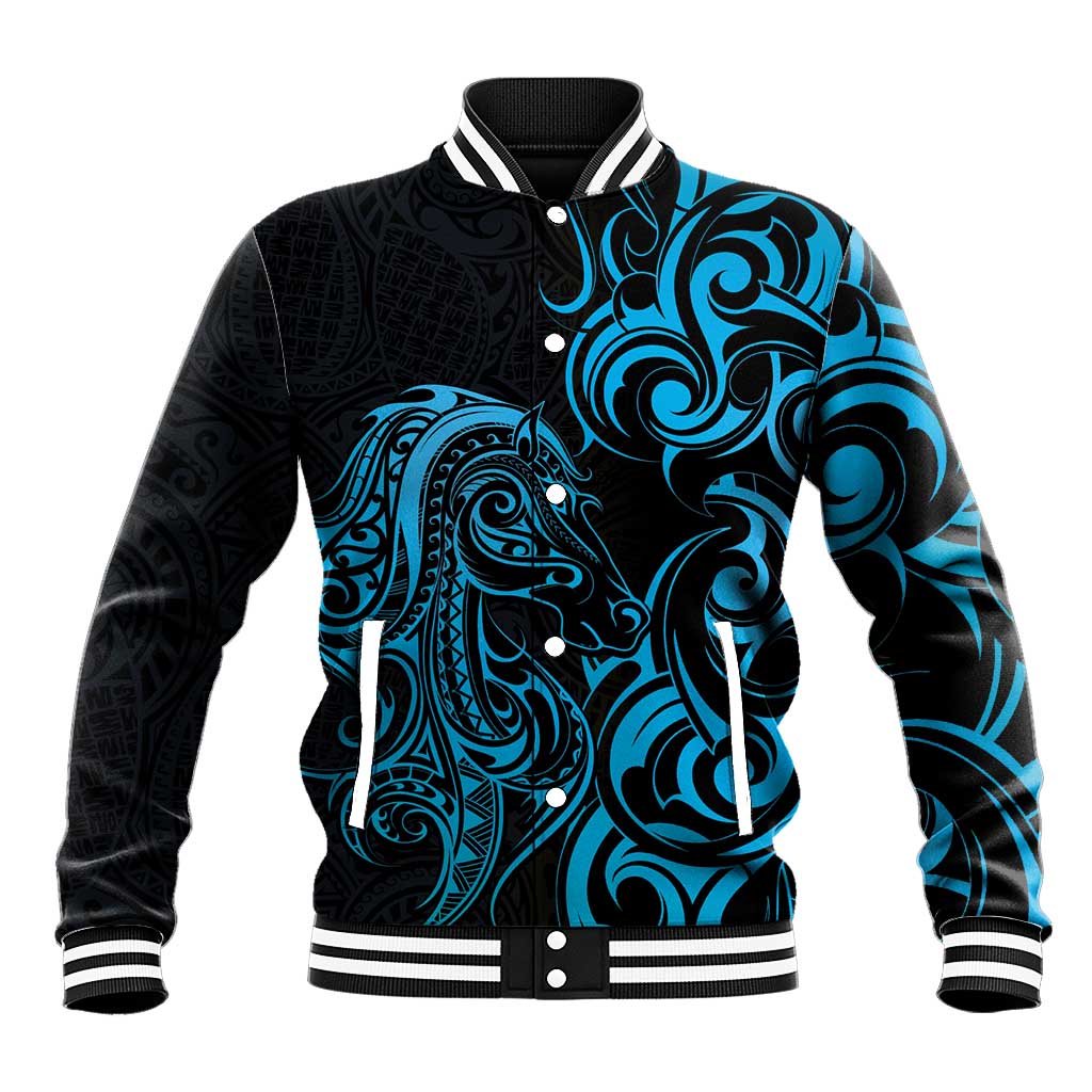 Blue Aoteara Horse Racing Baseball Jacket NZ Maori Pattern