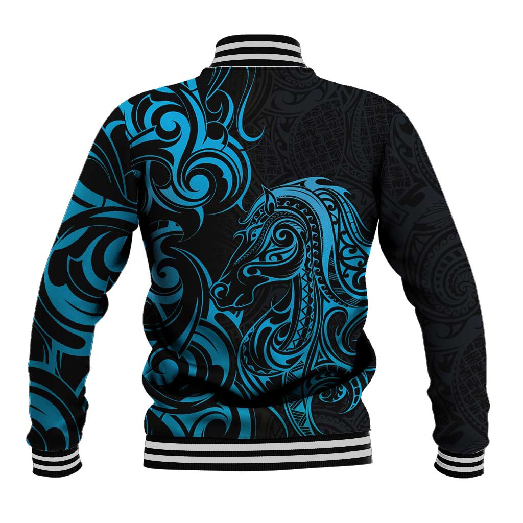 Blue Aoteara Horse Racing Baseball Jacket NZ Maori Pattern