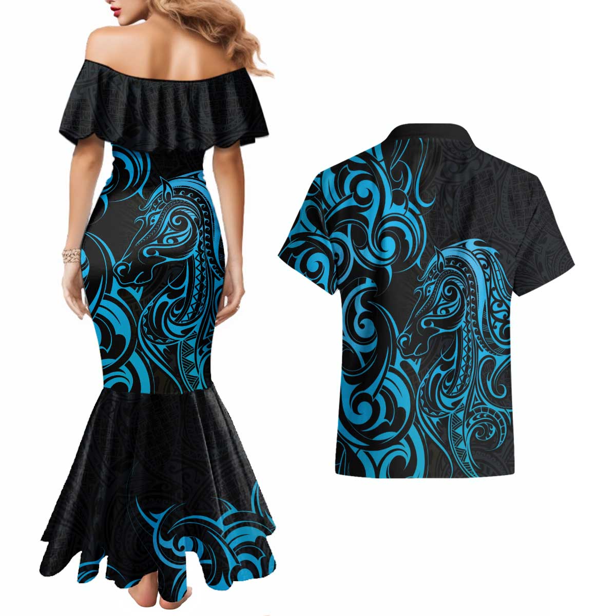 Blue Aoteara Horse Racing Couples Matching Mermaid Dress and Hawaiian Shirt NZ Maori Pattern