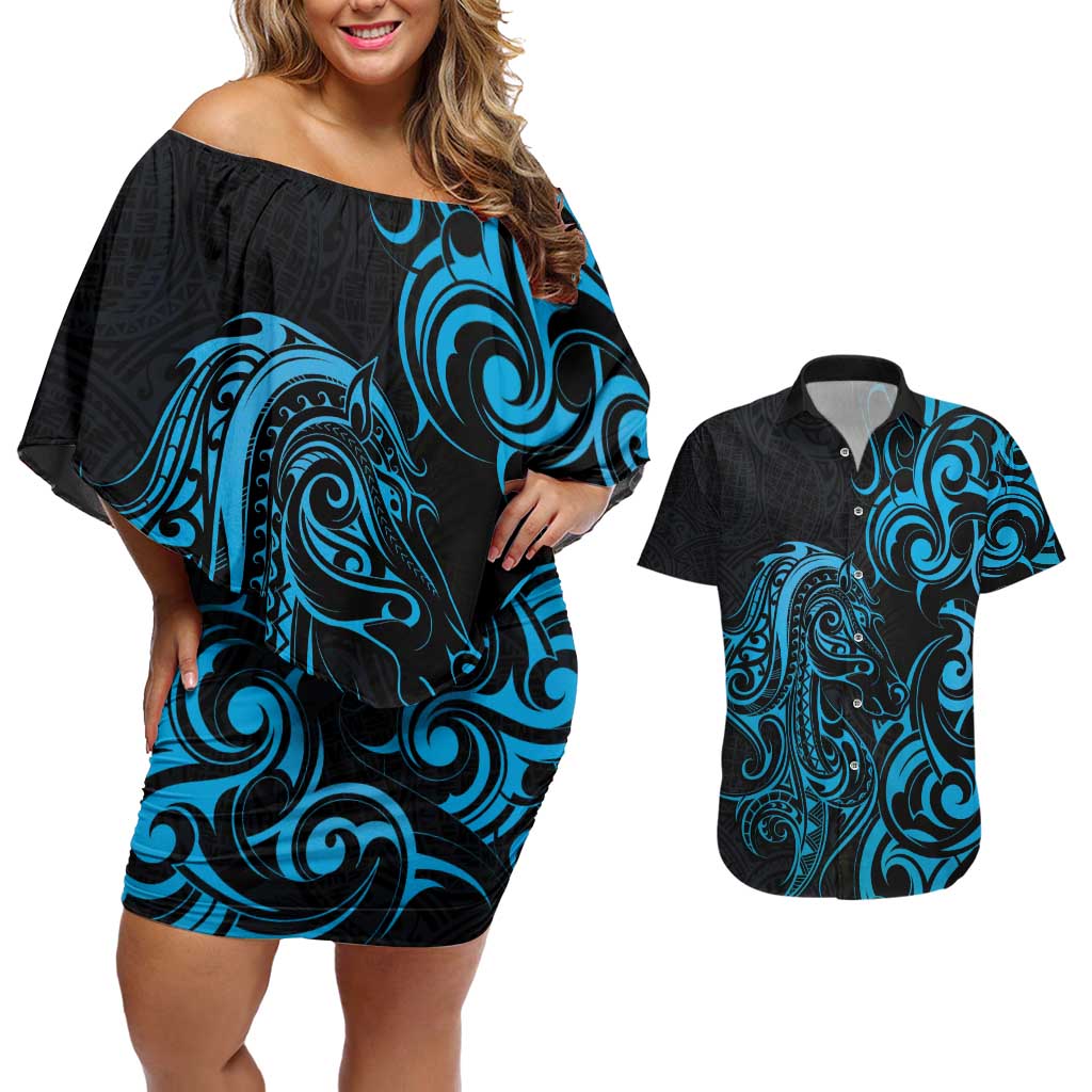 Blue Aoteara Horse Racing Couples Matching Off Shoulder Short Dress and Hawaiian Shirt NZ Maori Pattern