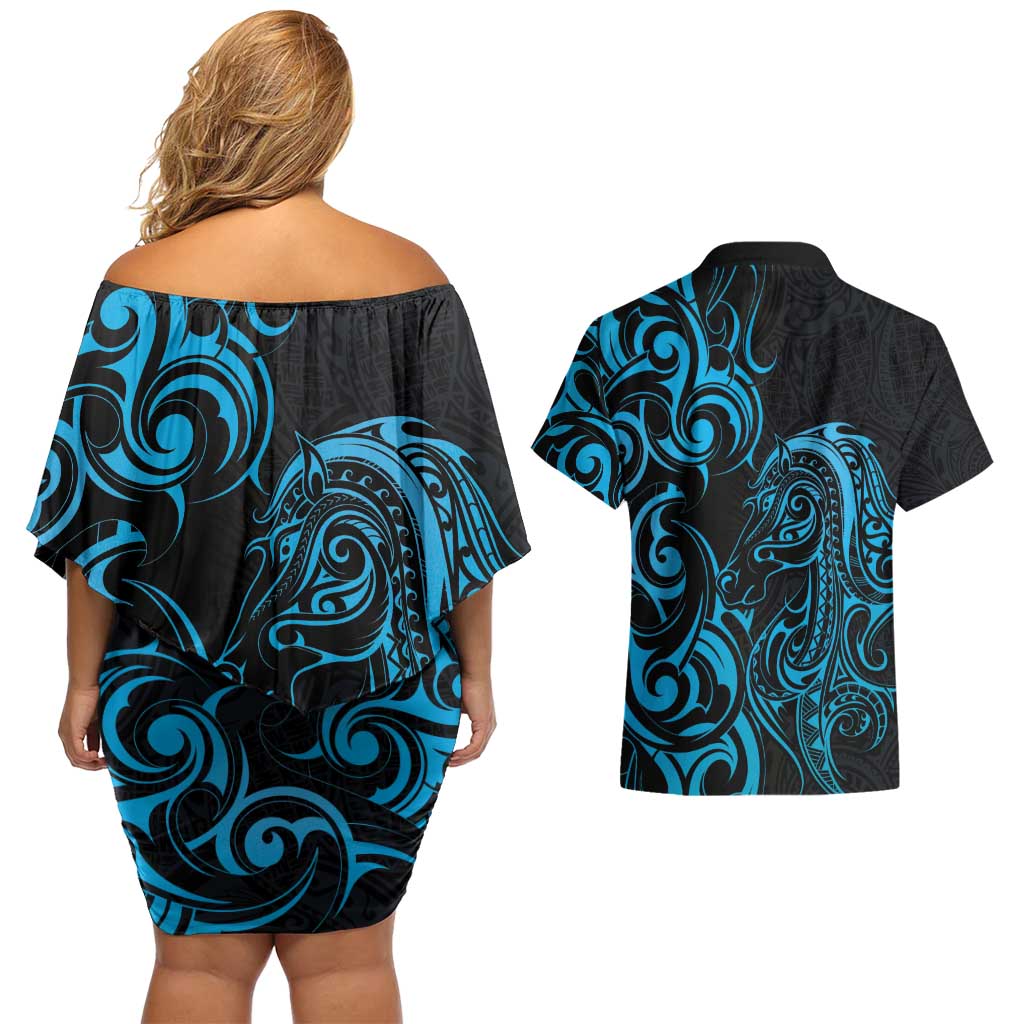 Blue Aoteara Horse Racing Couples Matching Off Shoulder Short Dress and Hawaiian Shirt NZ Maori Pattern