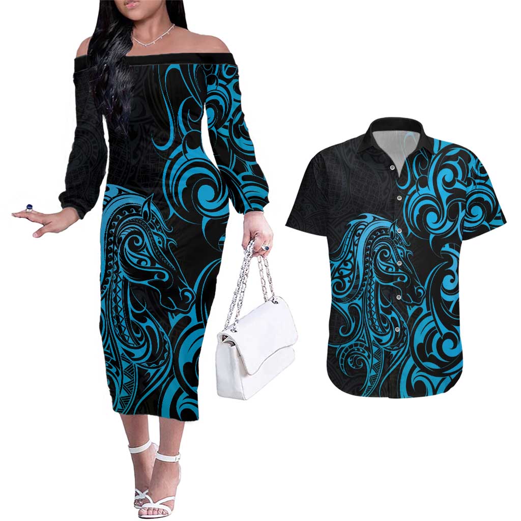 Blue Aoteara Horse Racing Couples Matching Off The Shoulder Long Sleeve Dress and Hawaiian Shirt NZ Maori Pattern