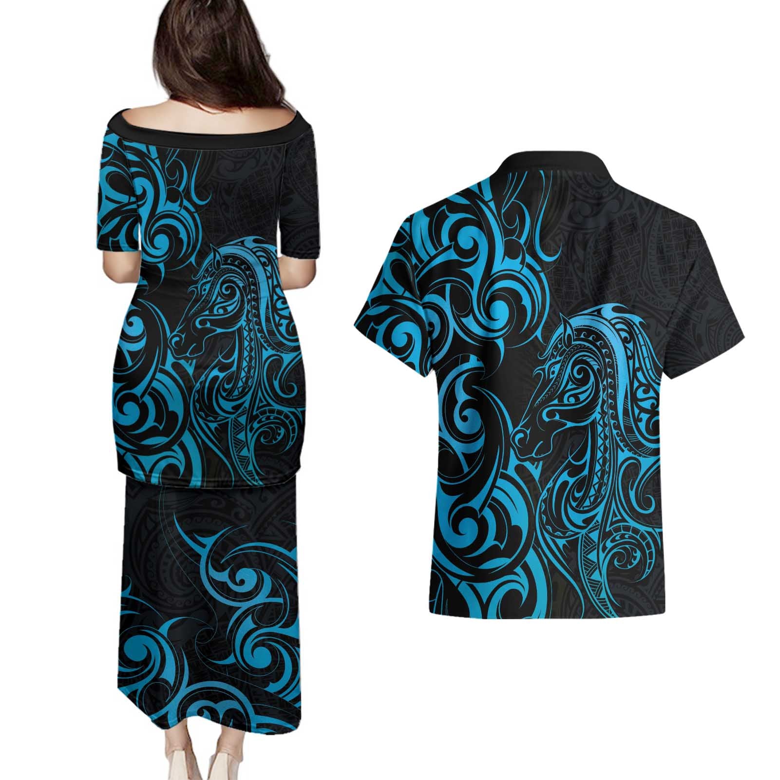 Blue Aoteara Horse Racing Couples Matching Puletasi and Hawaiian Shirt NZ Maori Pattern