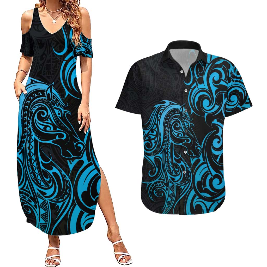 Blue Aoteara Horse Racing Couples Matching Summer Maxi Dress and Hawaiian Shirt NZ Maori Pattern