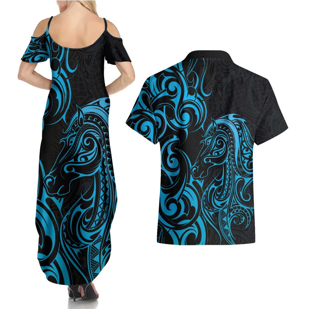 Blue Aoteara Horse Racing Couples Matching Summer Maxi Dress and Hawaiian Shirt NZ Maori Pattern