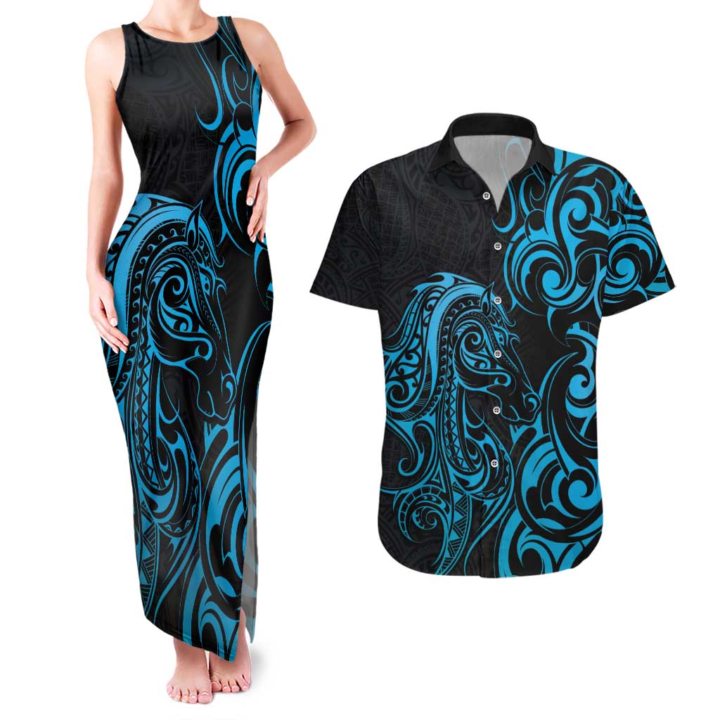 Blue Aoteara Horse Racing Couples Matching Tank Maxi Dress and Hawaiian Shirt NZ Maori Pattern