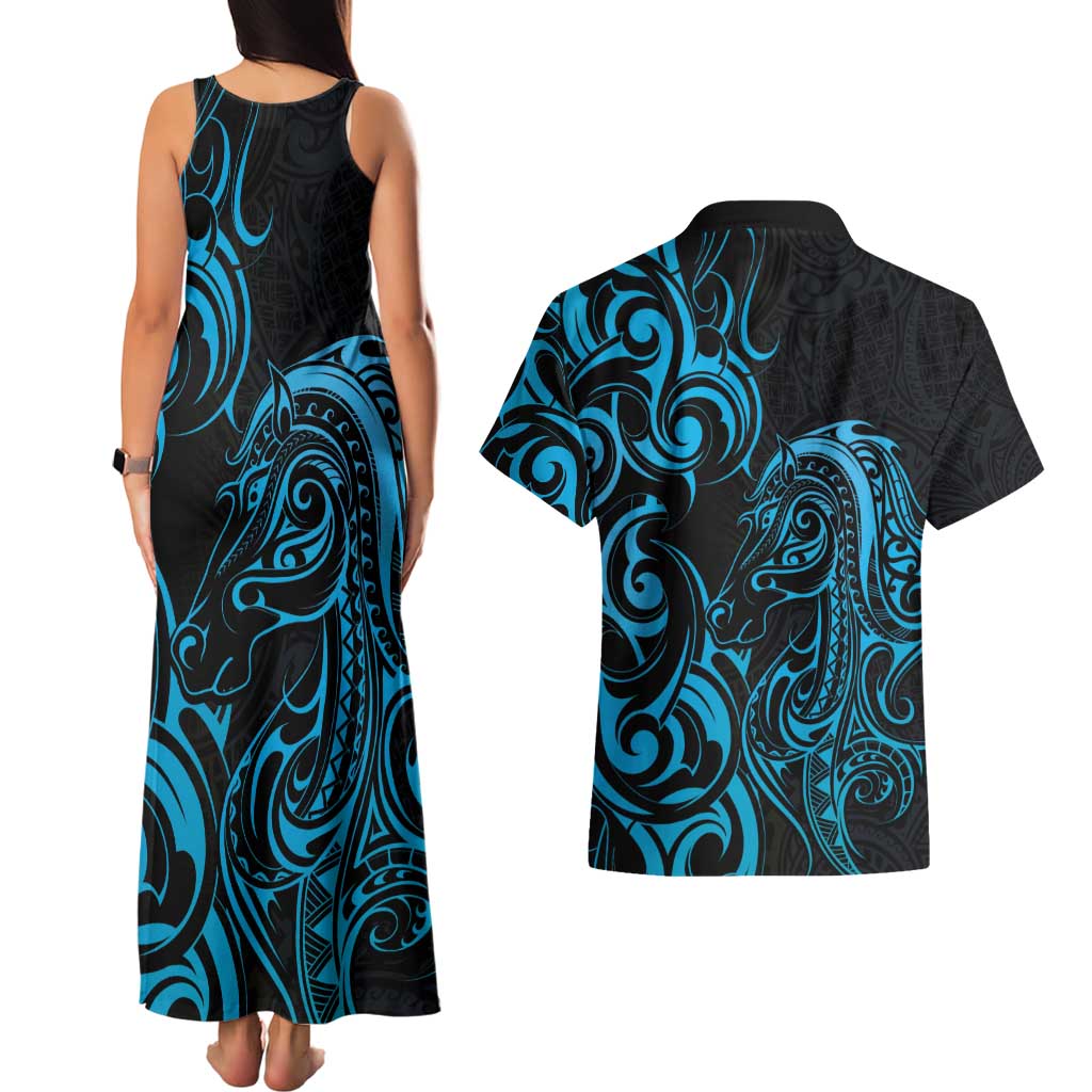 Blue Aoteara Horse Racing Couples Matching Tank Maxi Dress and Hawaiian Shirt NZ Maori Pattern