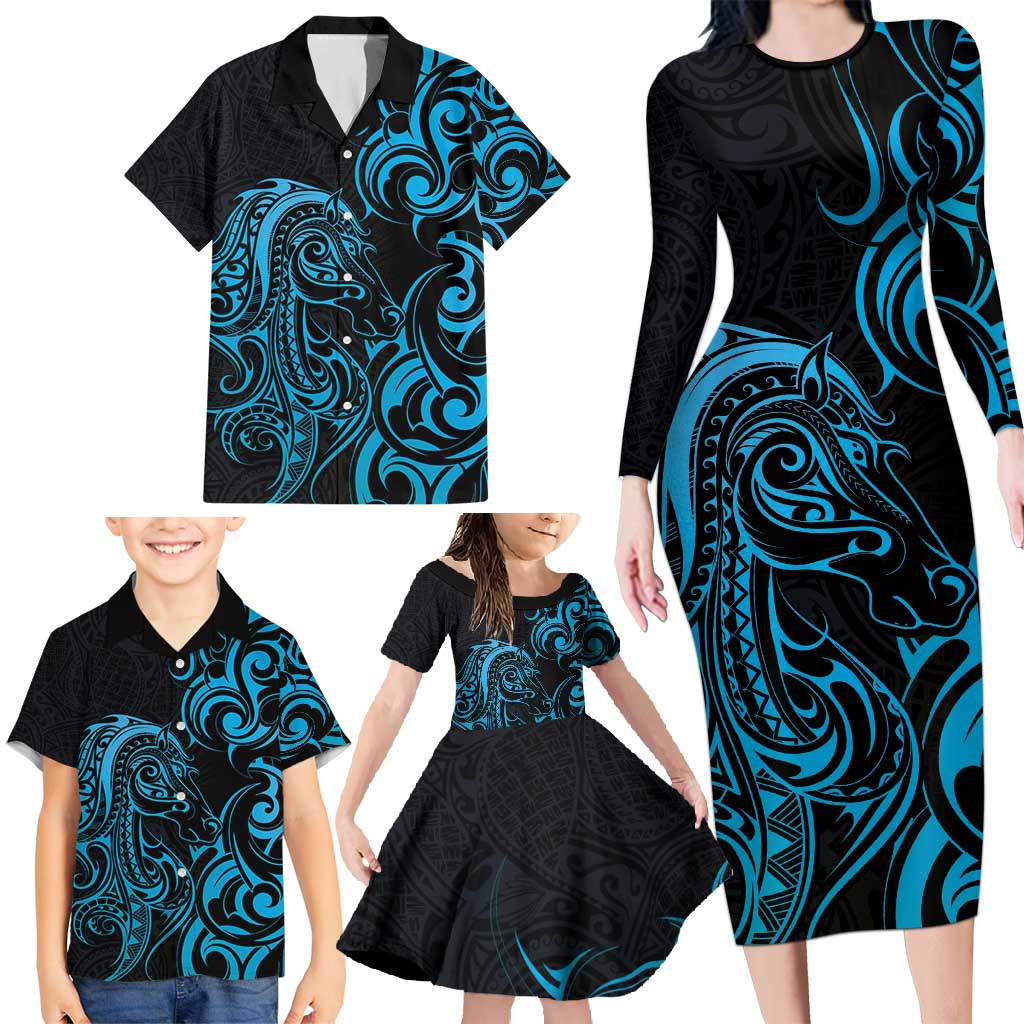 Blue Aoteara Horse Racing Family Matching Long Sleeve Bodycon Dress and Hawaiian Shirt NZ Maori Pattern