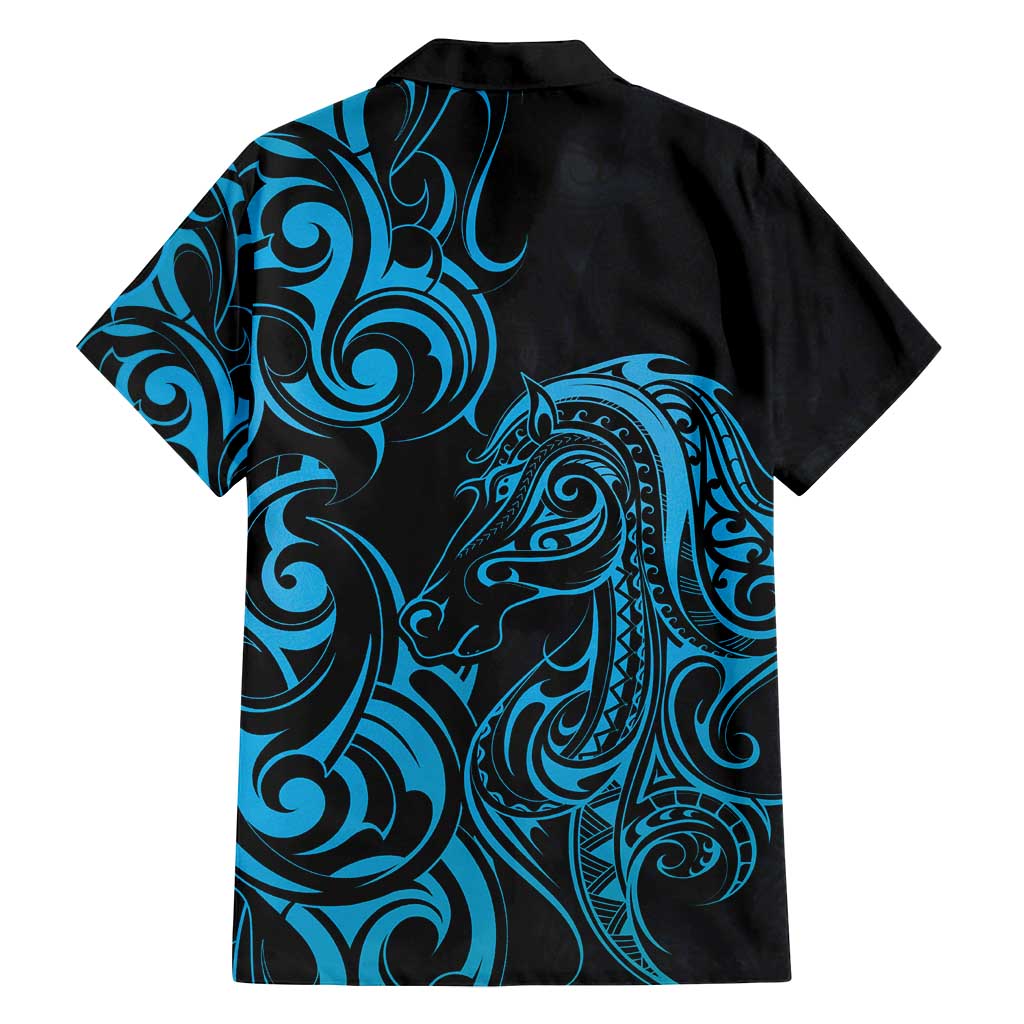 Blue Aoteara Horse Racing Family Matching Long Sleeve Bodycon Dress and Hawaiian Shirt NZ Maori Pattern