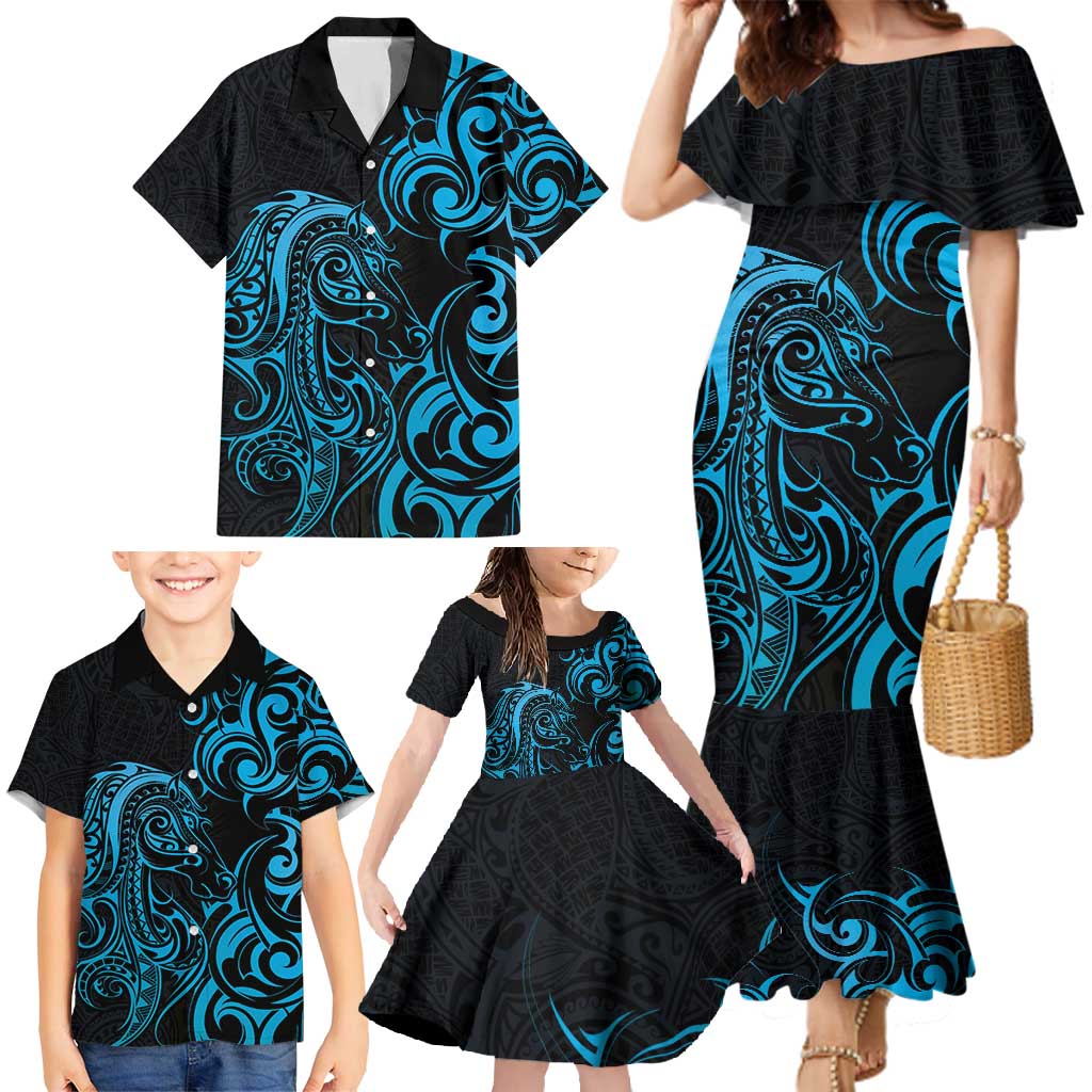 Blue Aoteara Horse Racing Family Matching Mermaid Dress and Hawaiian Shirt NZ Maori Pattern